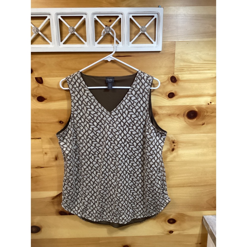Chico's Travelers Collection Brown Abstract V-Neck Tank Top Size 2 Large